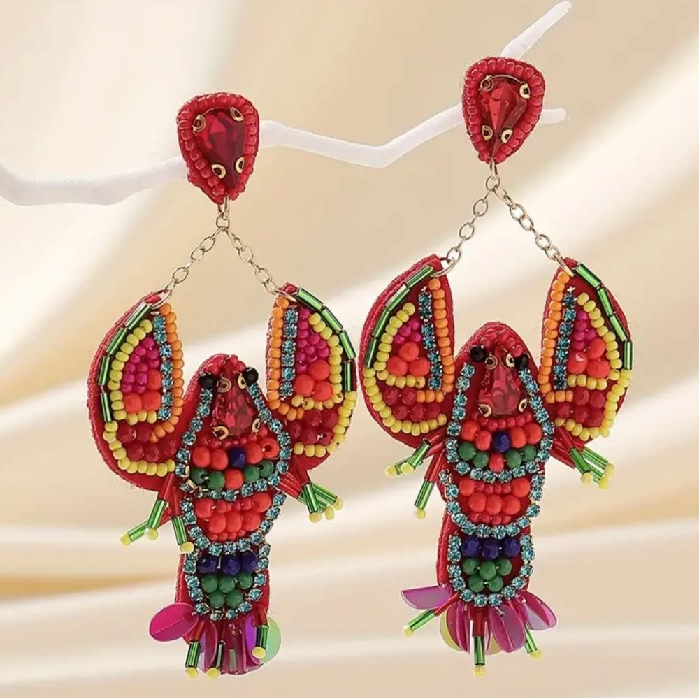 Crawfish or Lobster Multi Colored Beaded Statement Earrings